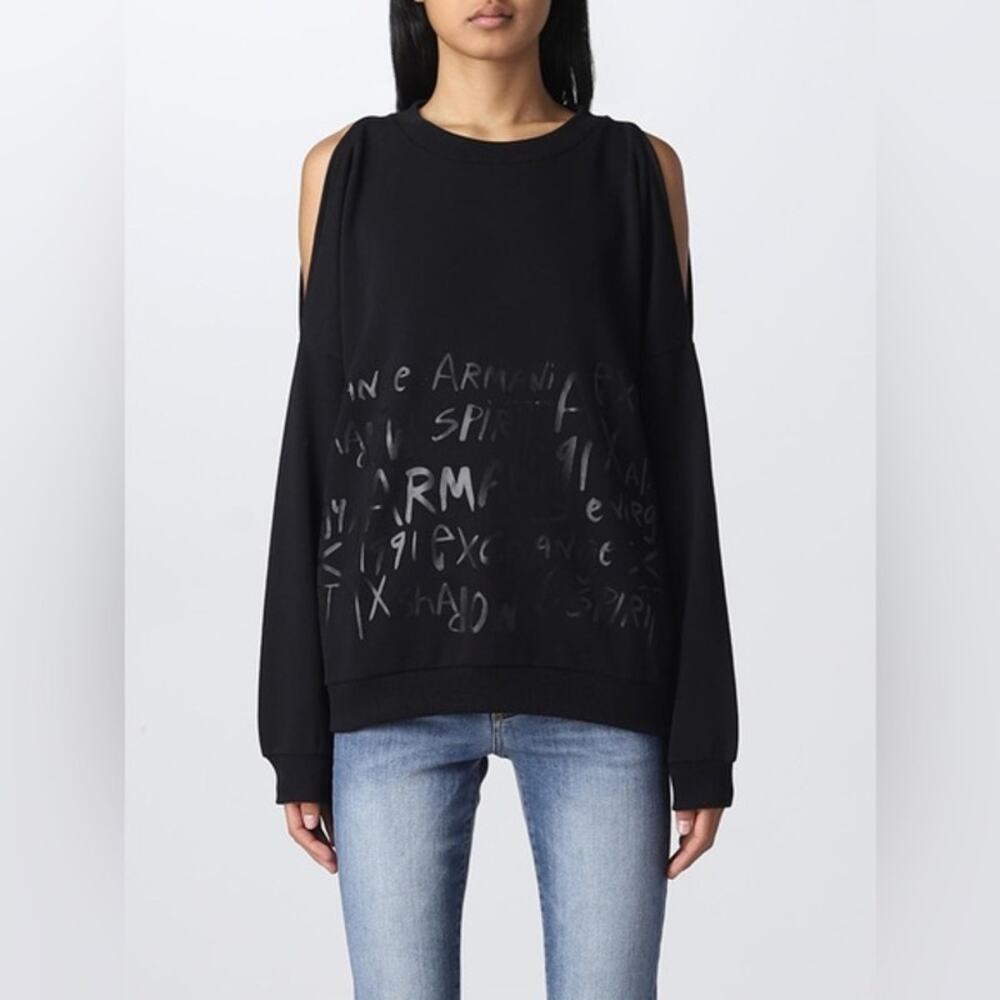 Armani Exchange Sweater Womens L Black Open Shoulder Streetwear Graffiti